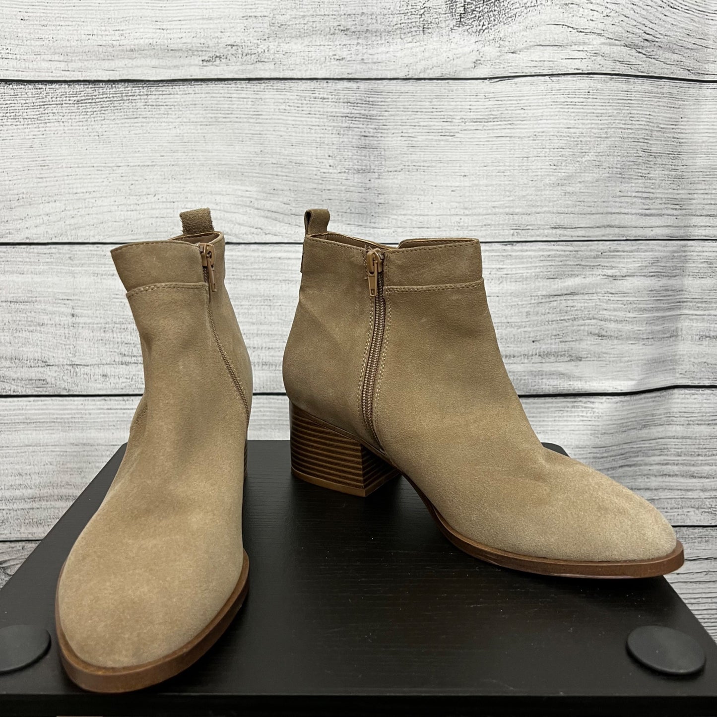 Gap Tan Suede Ankle Boots With Block Heel & Side Zipper, Size 9