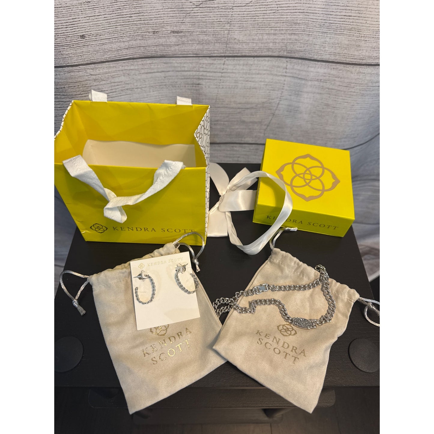 NIB Kendra Scott Silver Chain Link Drusy Necklace & Hoop Earrings Gift Set With Bag & Box