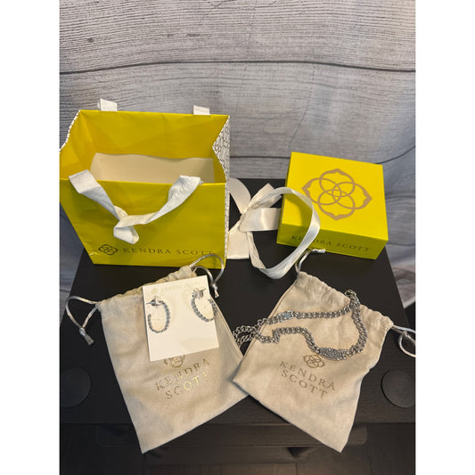 NIB Kendra Scott Silver Chain Link Drusy Necklace & Hoop Earrings Gift Set With Bag & Box