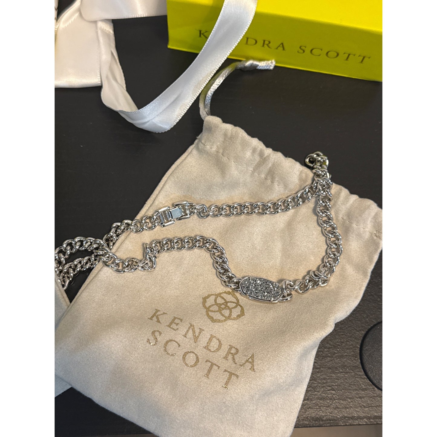 NIB Kendra Scott Silver Chain Link Drusy Necklace & Hoop Earrings Gift Set With Bag & Box