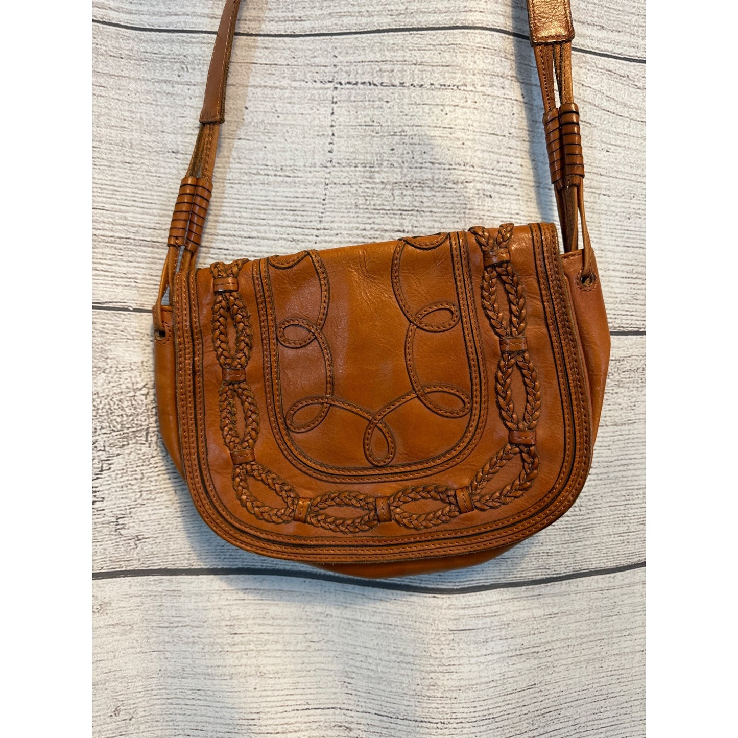 Club Monaco Brown Leather Crossbody Bag With Braided Detail & Zipper Pocket