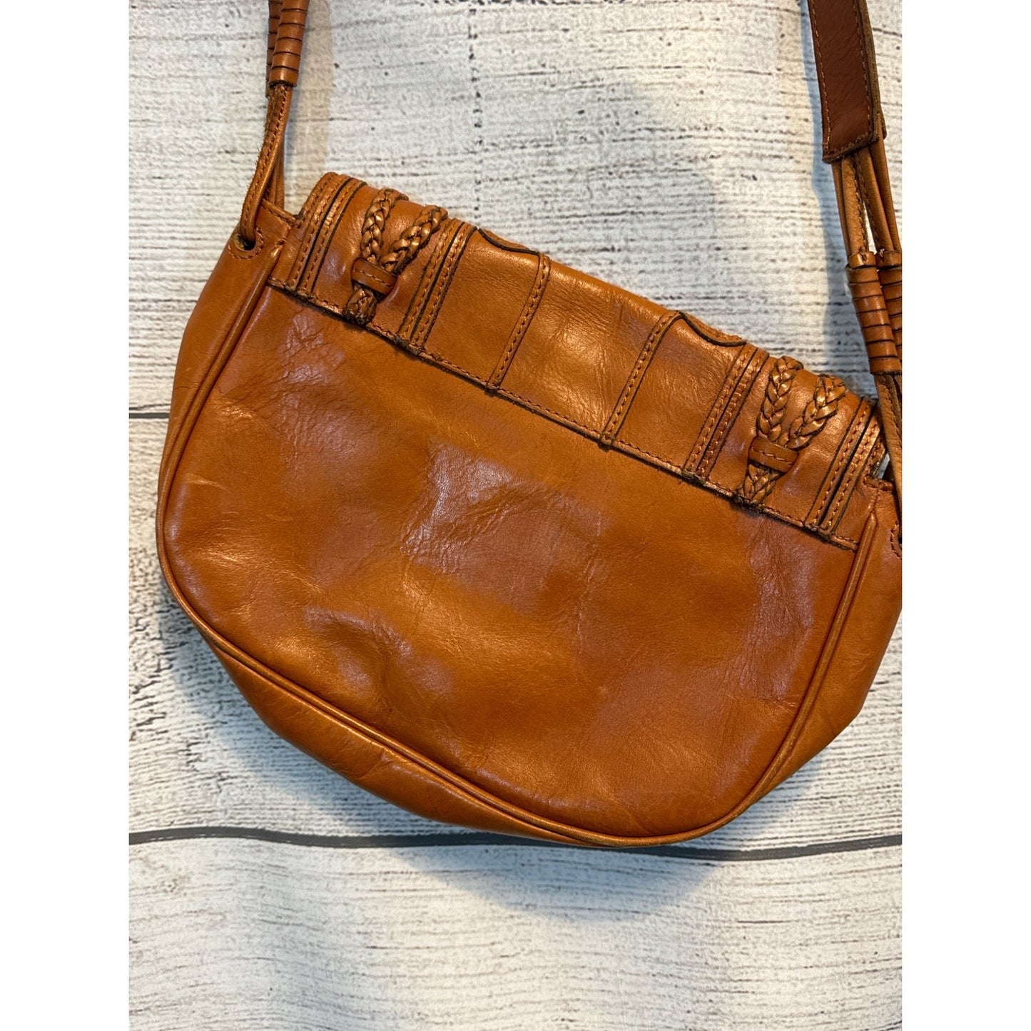 Club Monaco Brown Leather Crossbody Bag With Braided Detail & Zipper Pocket