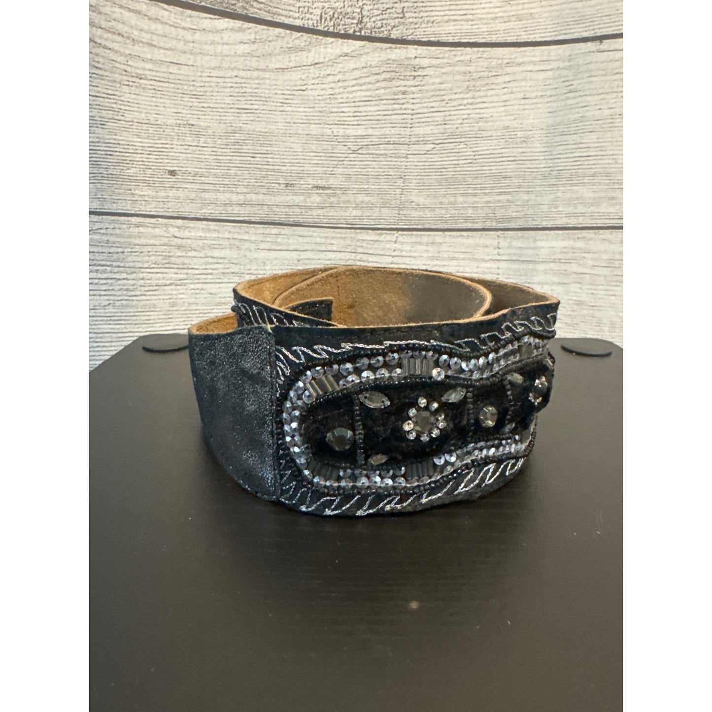 Handcrafted Beaded Black Western Style Belt With Silver Accents