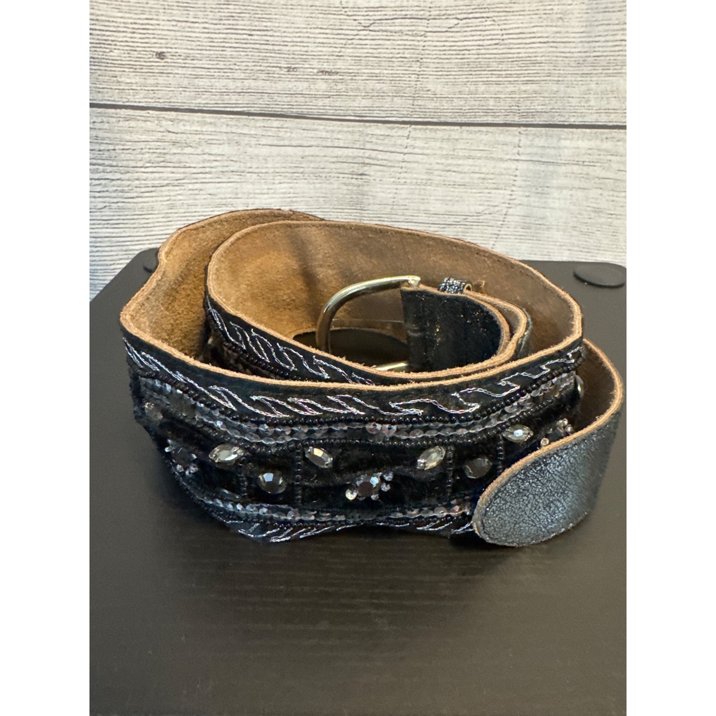 Handcrafted Beaded Black Western Style Belt With Silver Accents