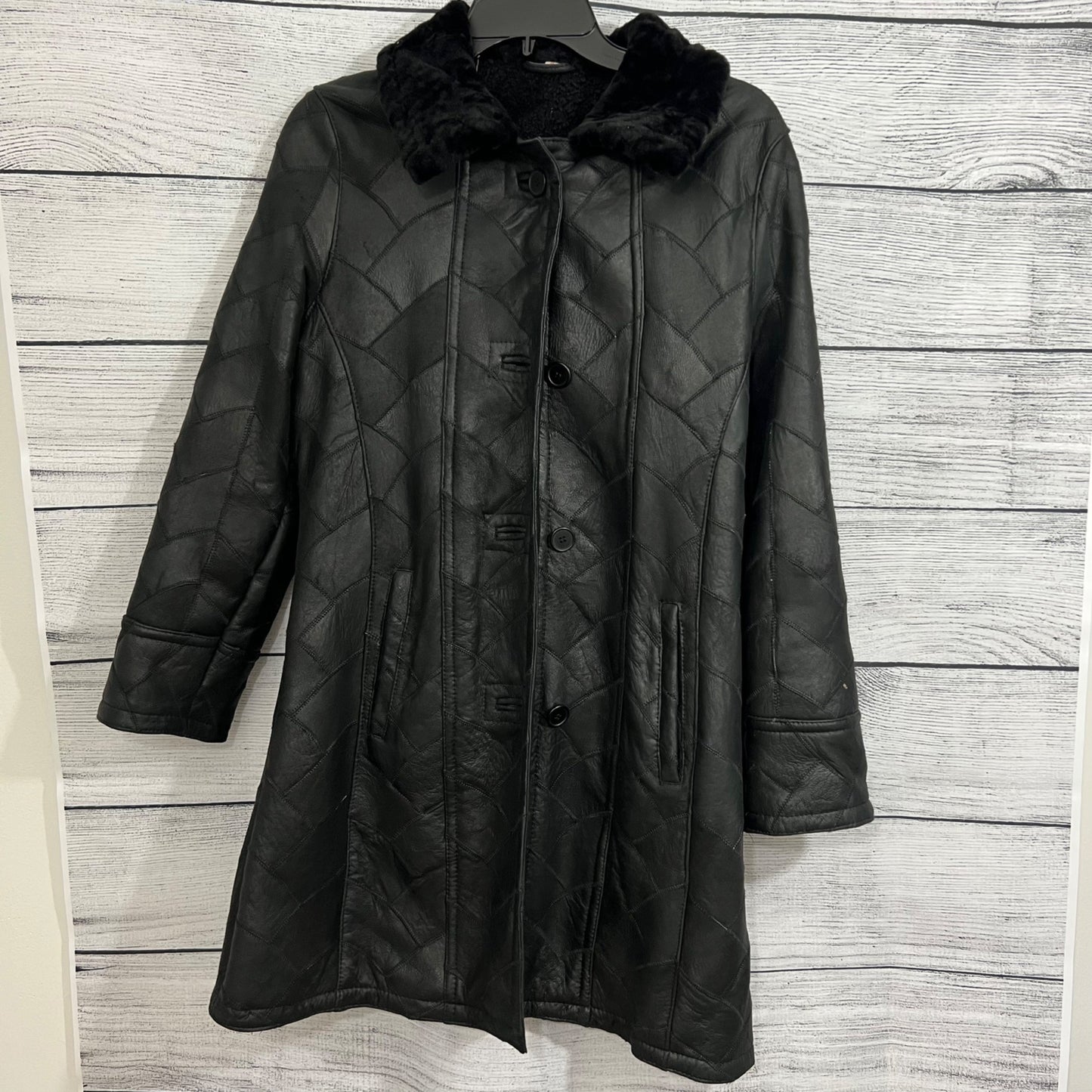 Vintage Black Leather Quilted Coat With Faux Fur Collar & Button Closure, Size Small