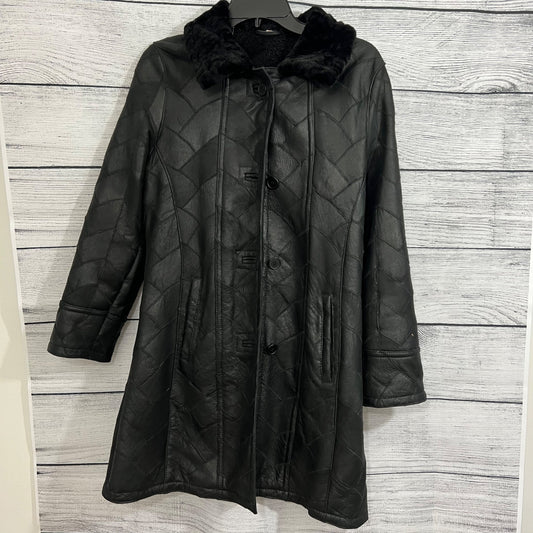 Vintage Black Leather Quilted Coat With Faux Fur Collar & Button Closure, Size Small