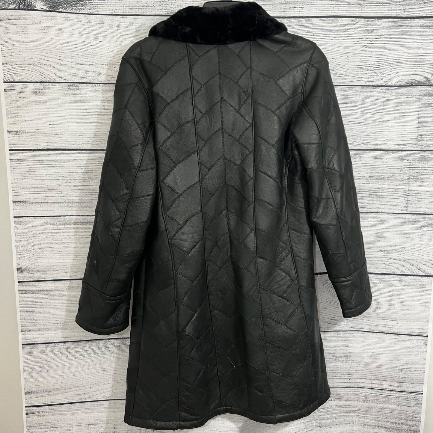 Vintage Black Leather Quilted Coat With Faux Fur Collar & Button Closure, Size Small