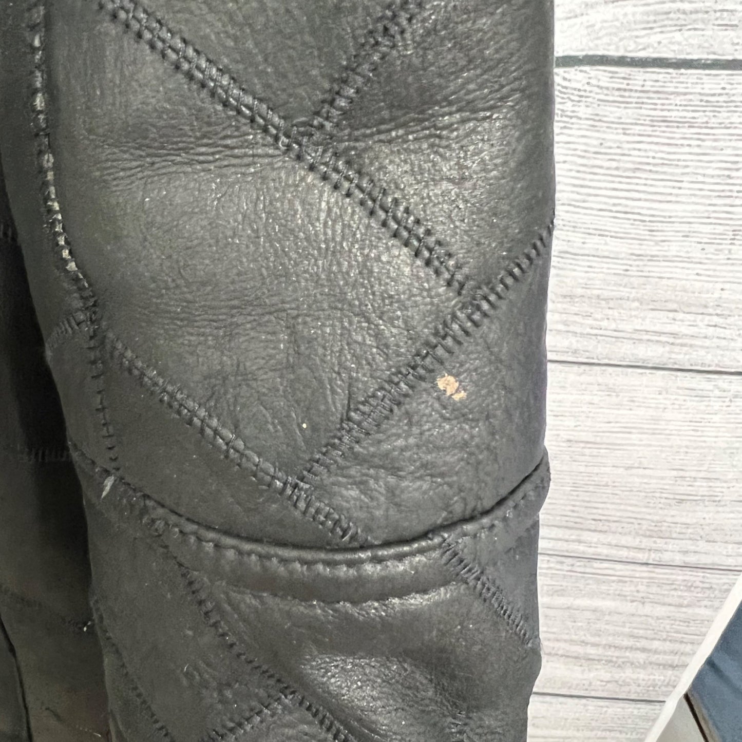 Vintage Black Leather Quilted Coat With Faux Fur Collar & Button Closure, Size Small