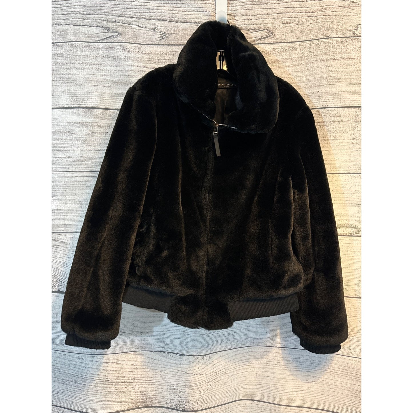 Generation Love Black Faux Fur Jacket With Zipper Closure & Ribbed Hem