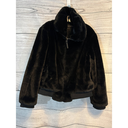 Generation Love Black Faux Fur Jacket With Zipper Closure & Ribbed Hem