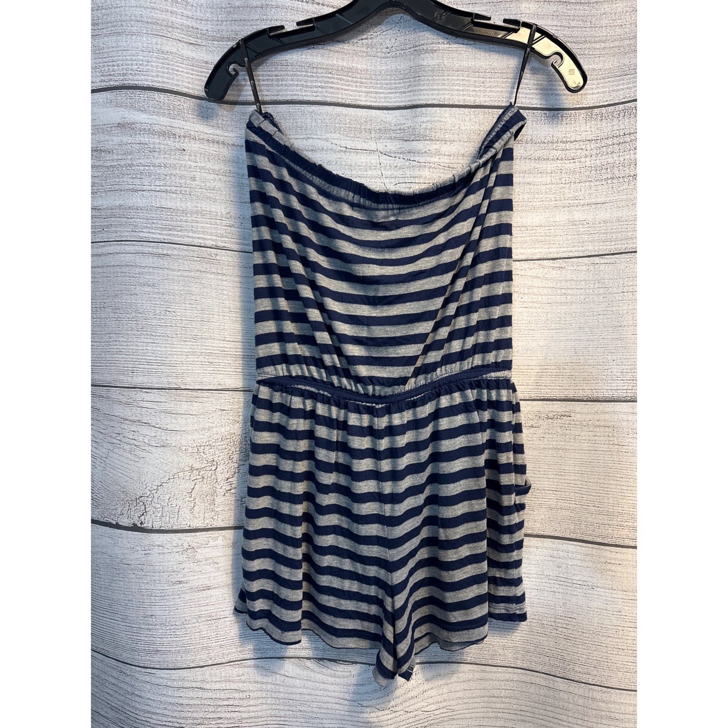 Forever 21 Striped Blue & Gray Romper With Pockets & Button Details Size L