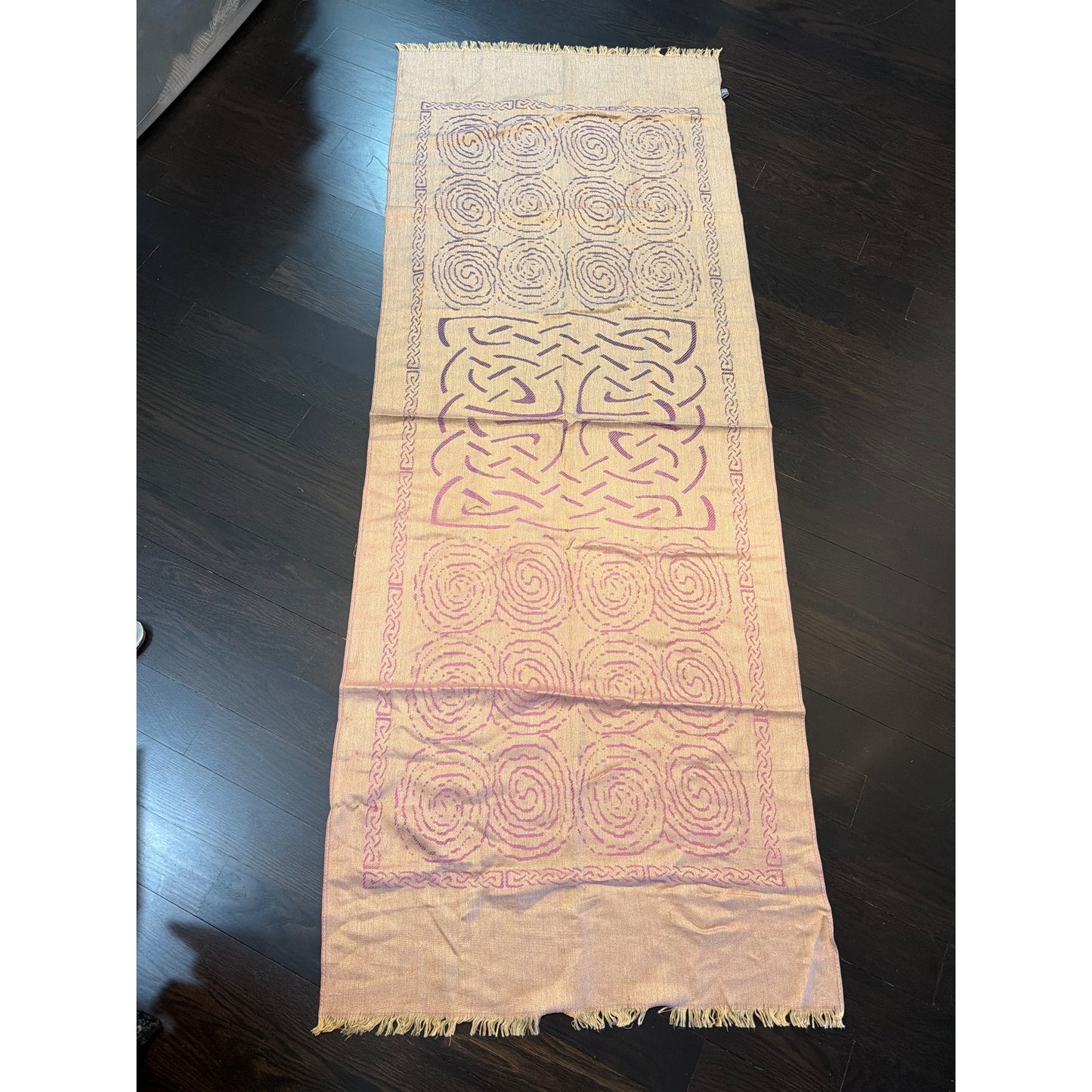 Pretty Persuasions Boho Style Wrap Scarf With Gold Swirl Pattern & Frayed Edges