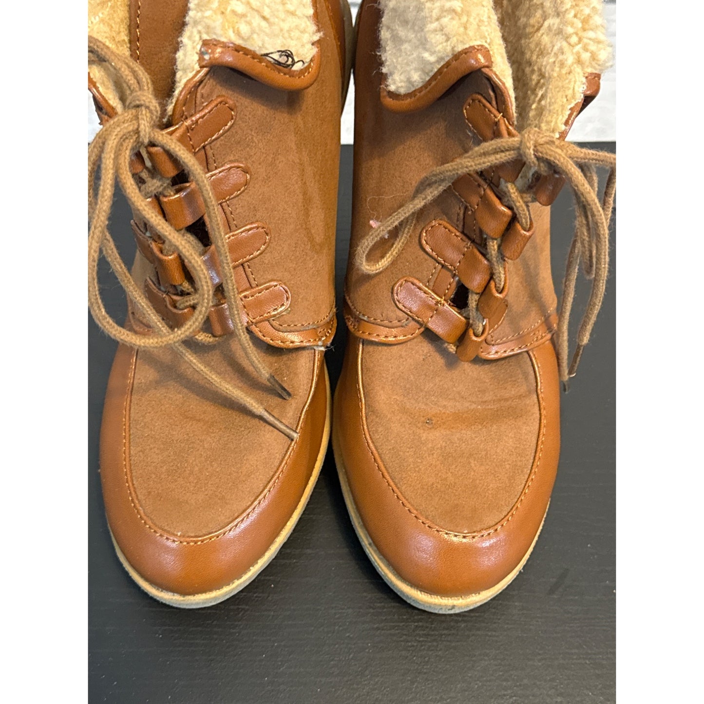 H&M Vintage-Style Brown Lace-Up Boots With Faux Fur Lining & Chunky Heel Size 8