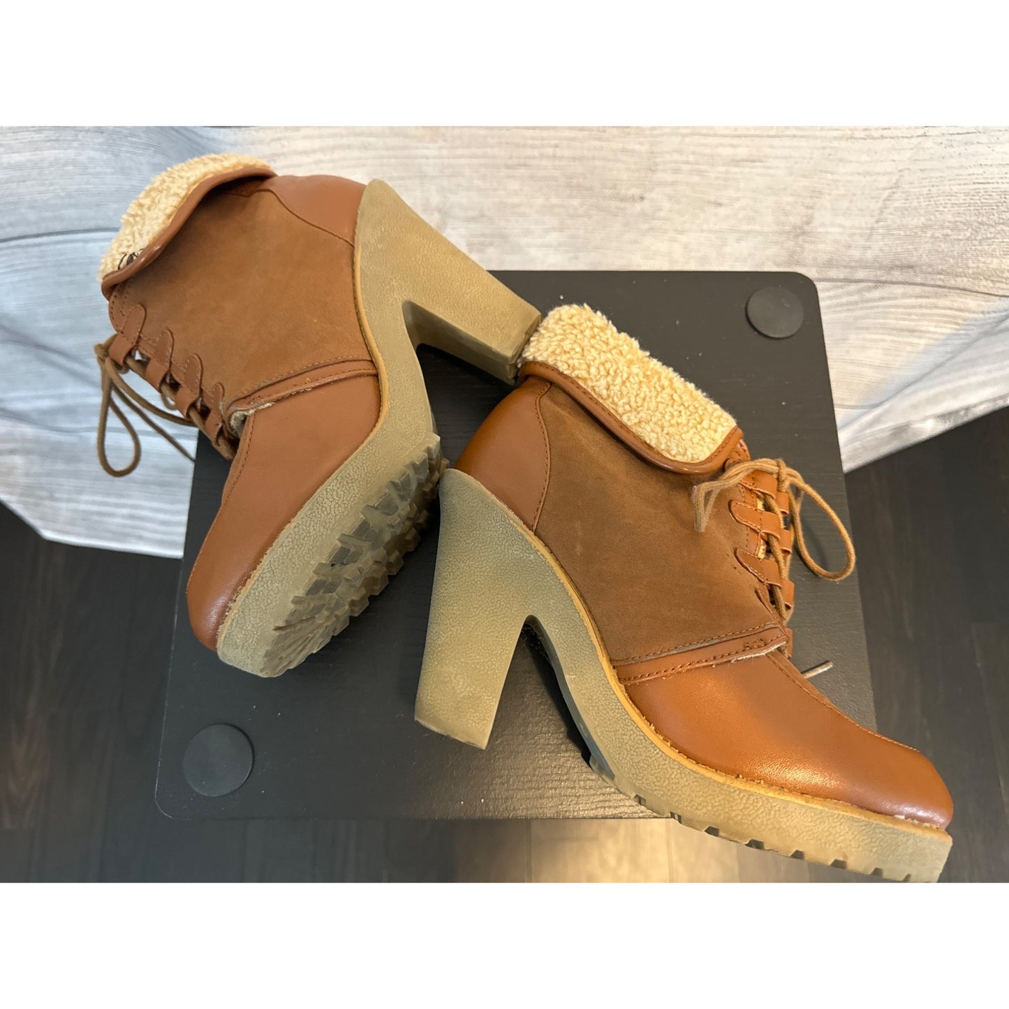H&M Vintage-Style Brown Lace-Up Boots With Faux Fur Lining & Chunky Heel Size 8