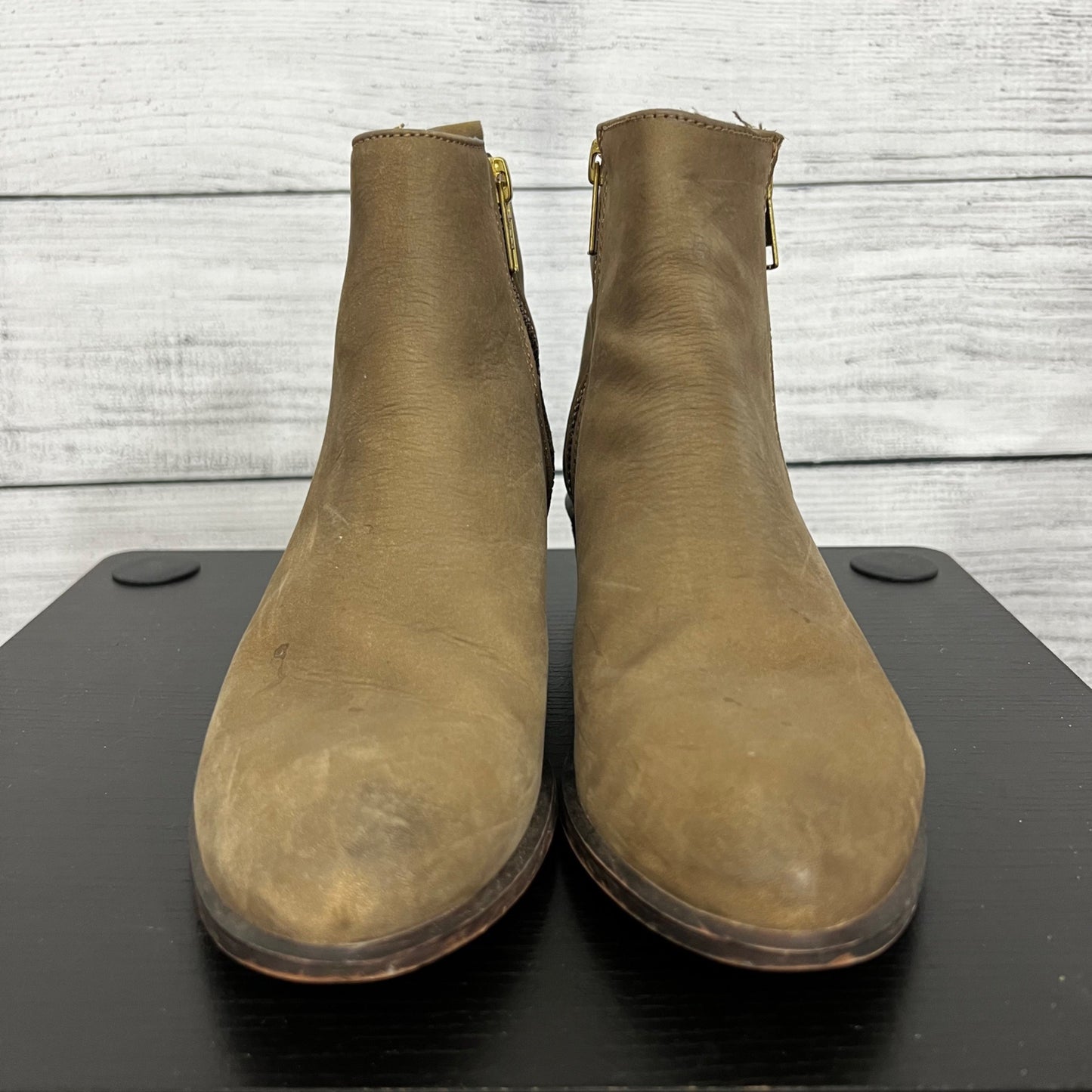 Steve Madden Brown Ankle Boots With Side Zippers & Wooden Heels, Size 6.5
