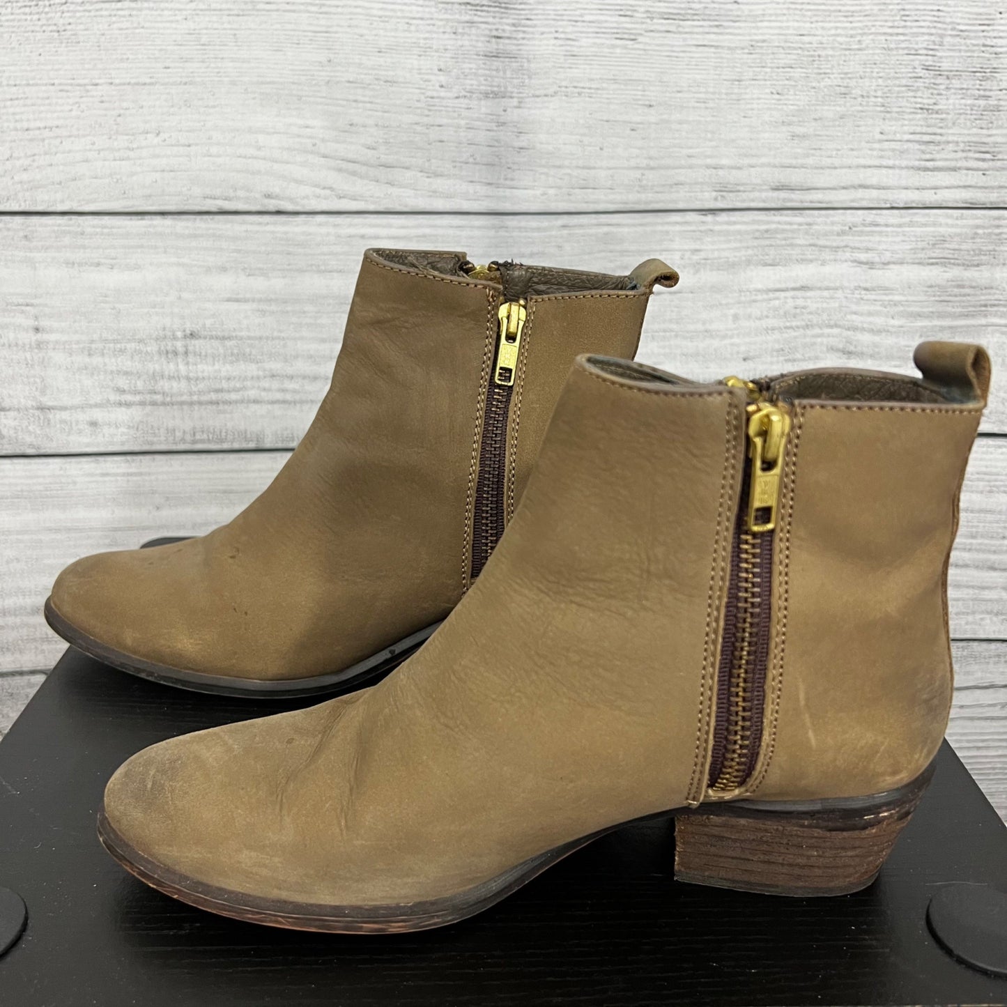 Steve Madden Brown Ankle Boots With Side Zippers & Wooden Heels, Size 6.5