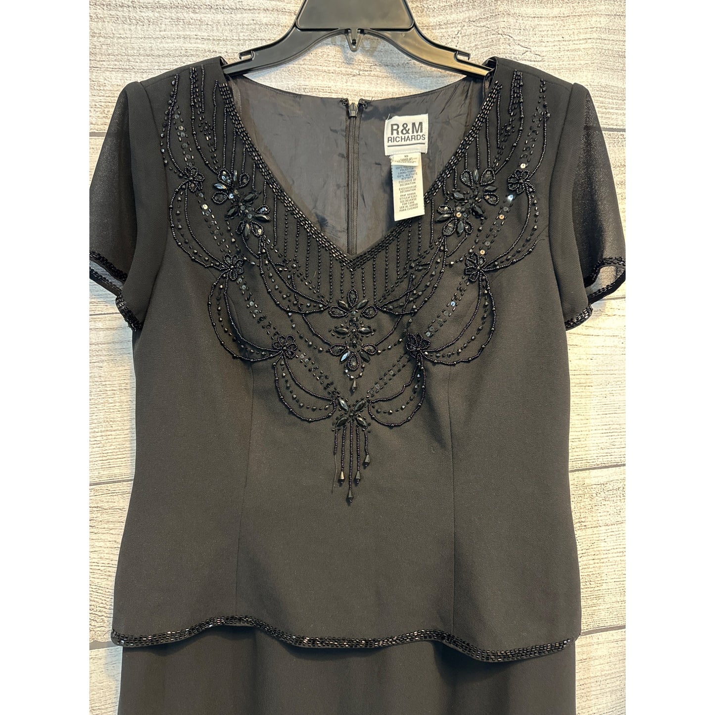 R&M Richards Beaded Black Dress With Sheer Sleeves Size 10