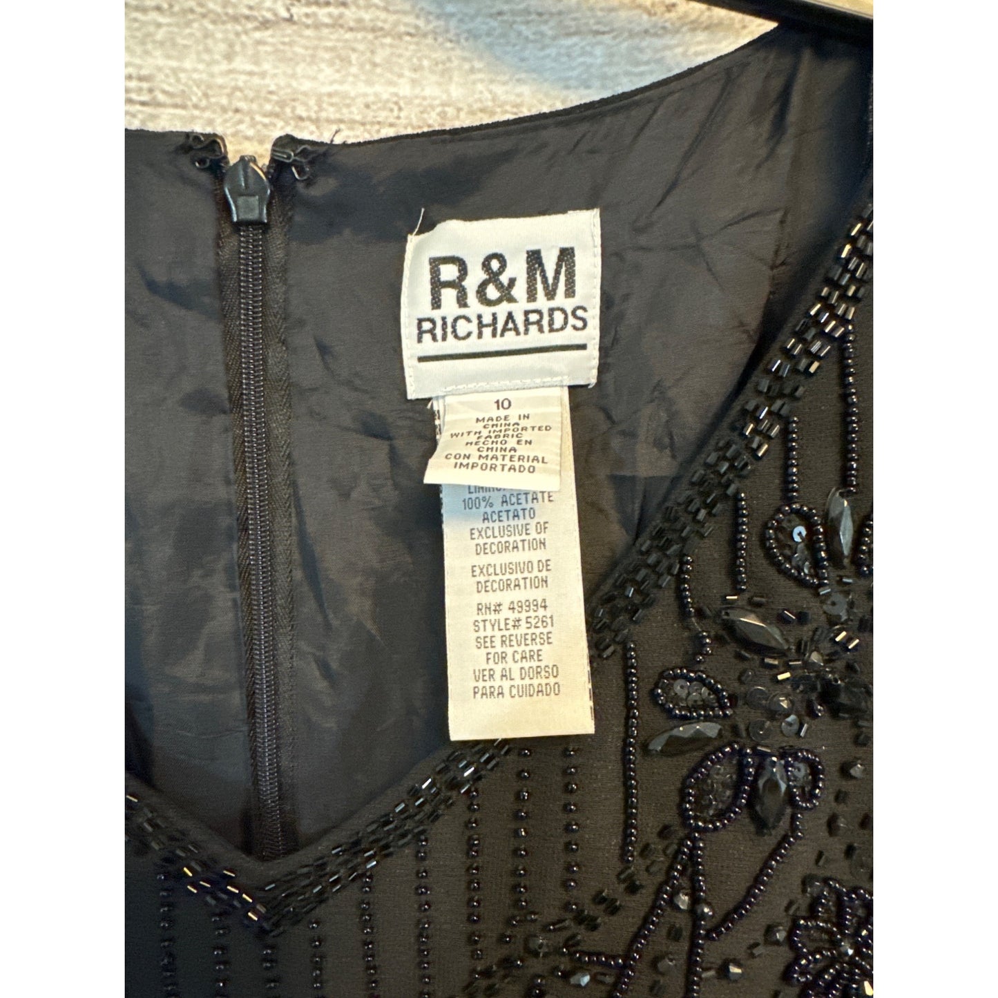 R&M Richards Beaded Black Dress With Sheer Sleeves Size 10