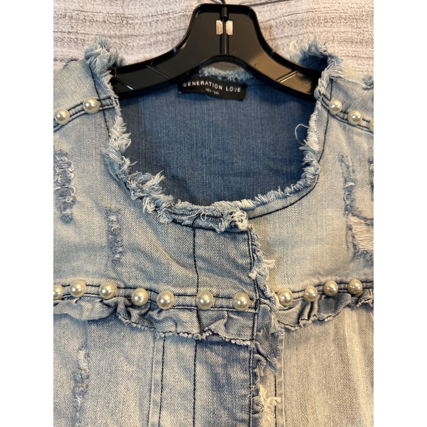 Generation Love Distressed Denim Jacket With Pearl Embellishments
