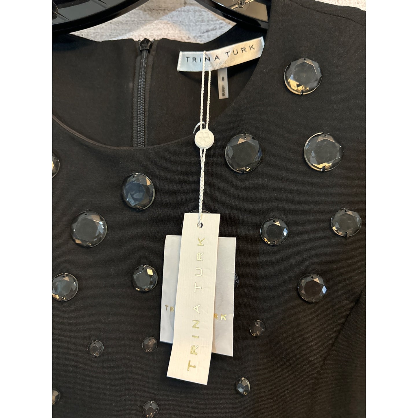 NWT Trina Turk Black Dress W/ Jewel Embellishments & Bell Sleeves Size S