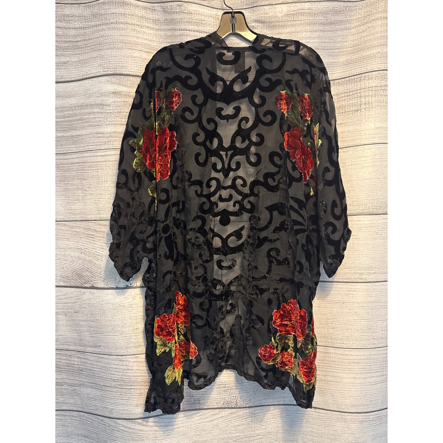Do Everything In Love Sheer Black Rose Kimono Jacket OS