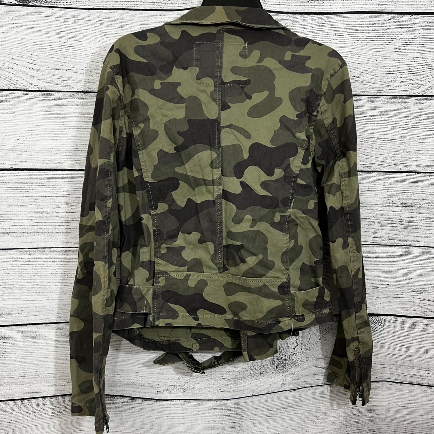 Miami Camouflage Moto Jacket With Zipper Pockets & Belt, Size Small