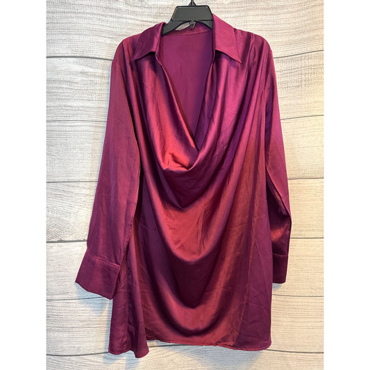 Lyaner Satin Collar V Neck Drape Ruched Front Flowy Long Sleeve Short Mini Dress Size M