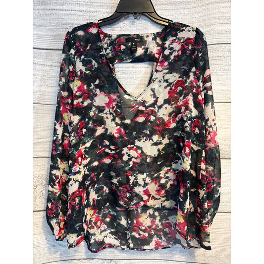 Aqua Floral Sheer Long Sleeve Blouse With V-Neck & Keyhole Back Size S