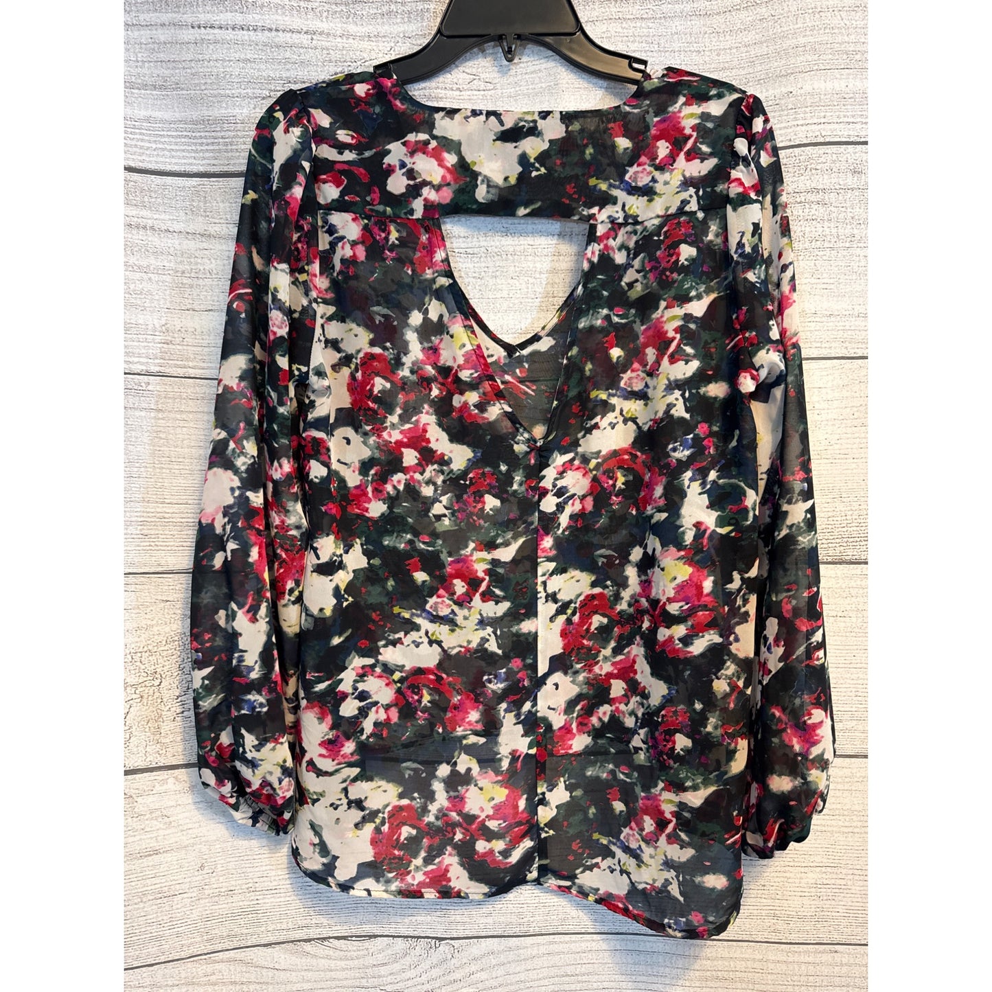 Aqua Floral Sheer Long Sleeve Blouse With V-Neck & Keyhole Back Size S