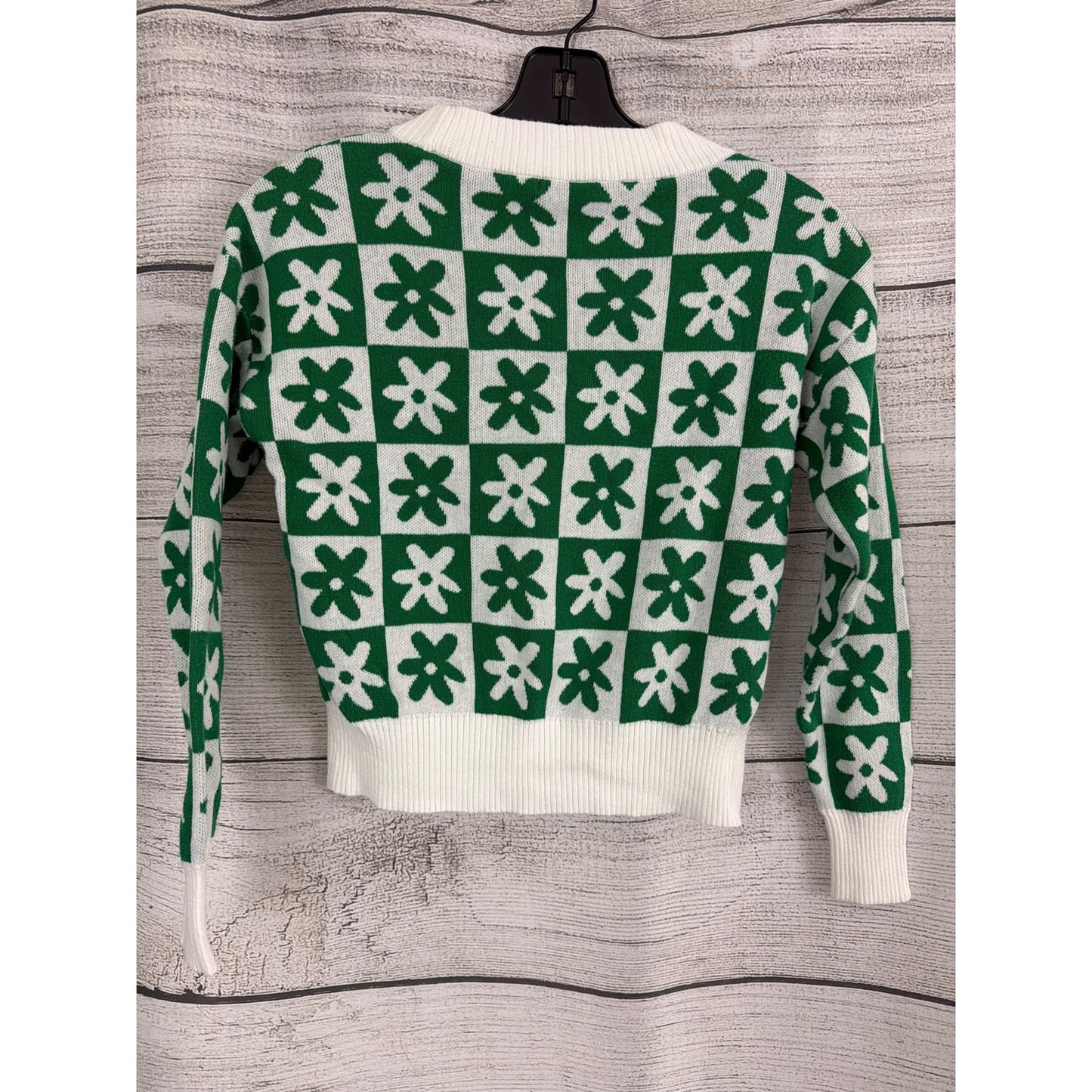 NWOT Nikka K Green & White Floral Checkered Knit Cropped Cardigan XS