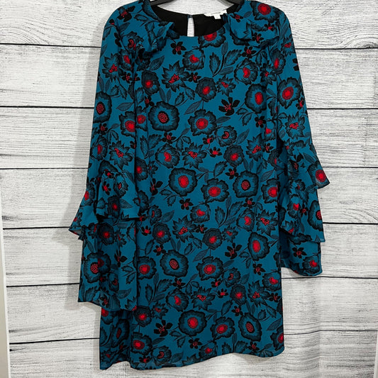 Hashttag Blue Floral Ruffle Long Sleeve Dress With Keyhole Back & Layered Bell Sleeves, Size Large