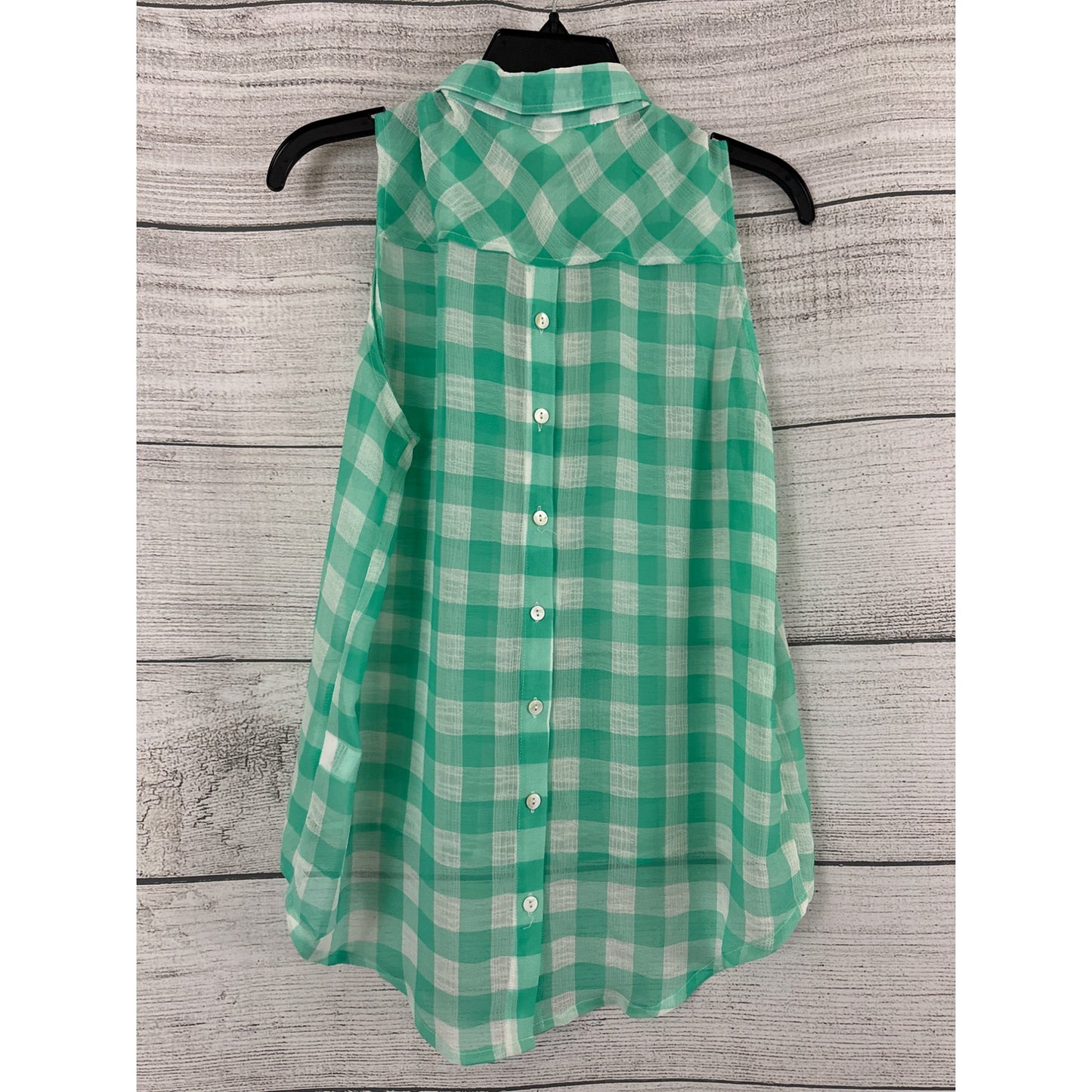Vintage Havana Green & White Checkered Sleeveless Button-Up Blouse Size L