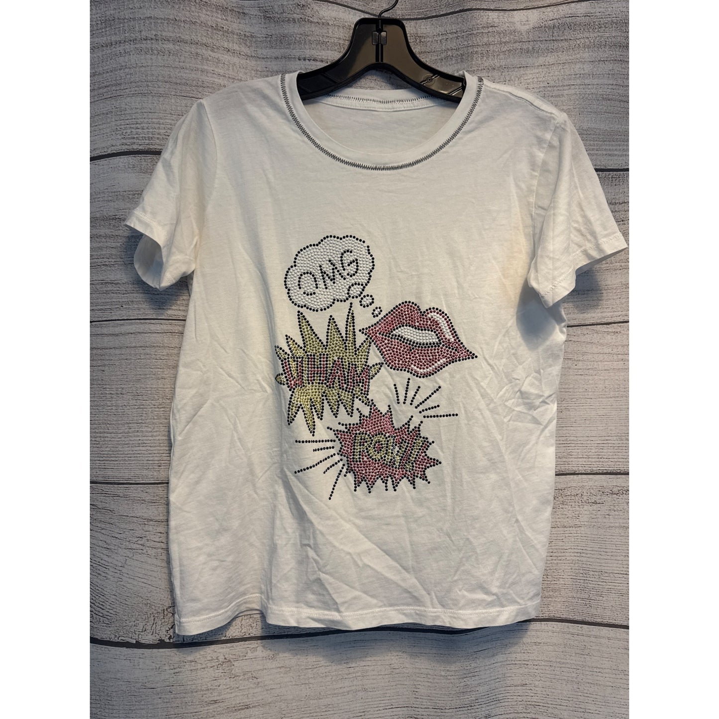 OMG Rhinestone Comic Book Pop Art White Graphic Tee