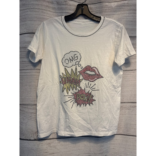 OMG Rhinestone Comic Book Pop Art White Graphic Tee