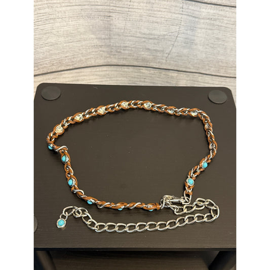 Vintage Silver & Brown Leather Belt With Turquoise Accents