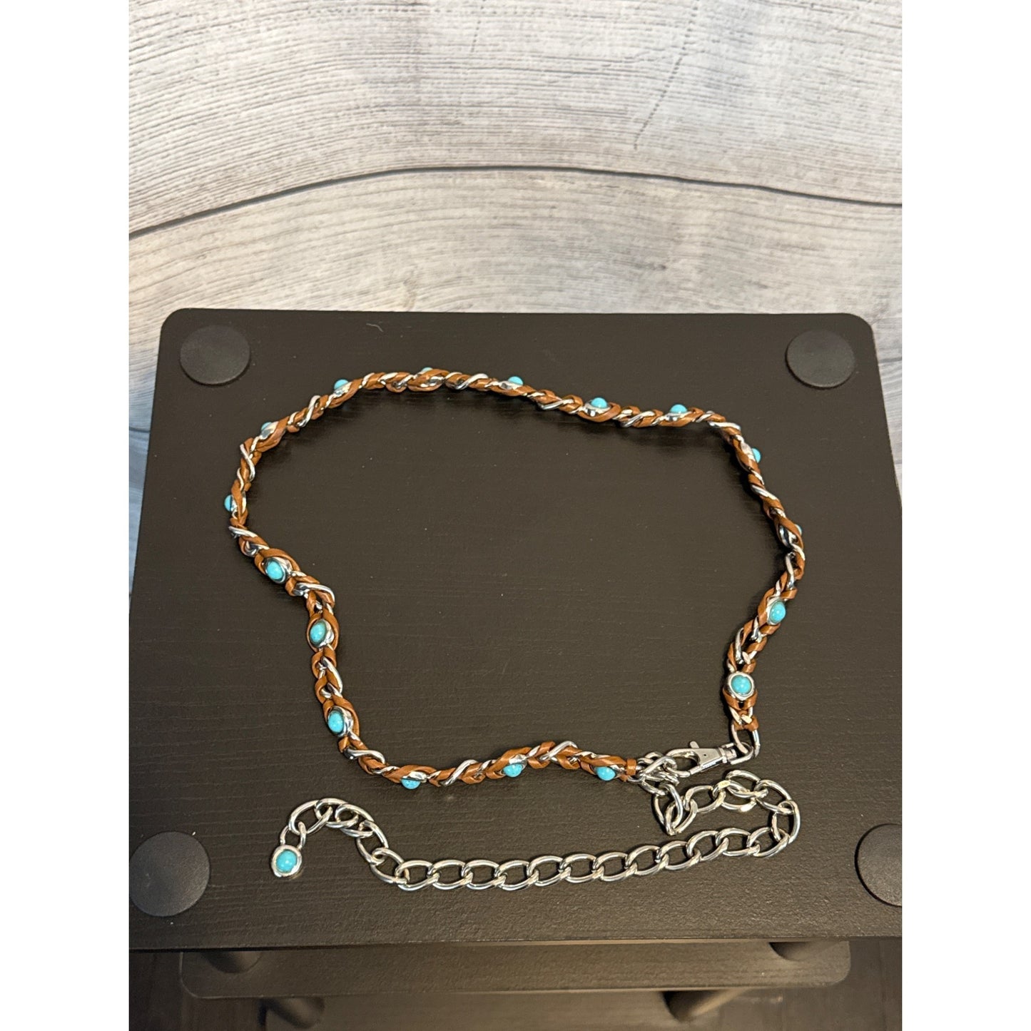 Vintage Silver & Brown Leather Belt With Turquoise Accents