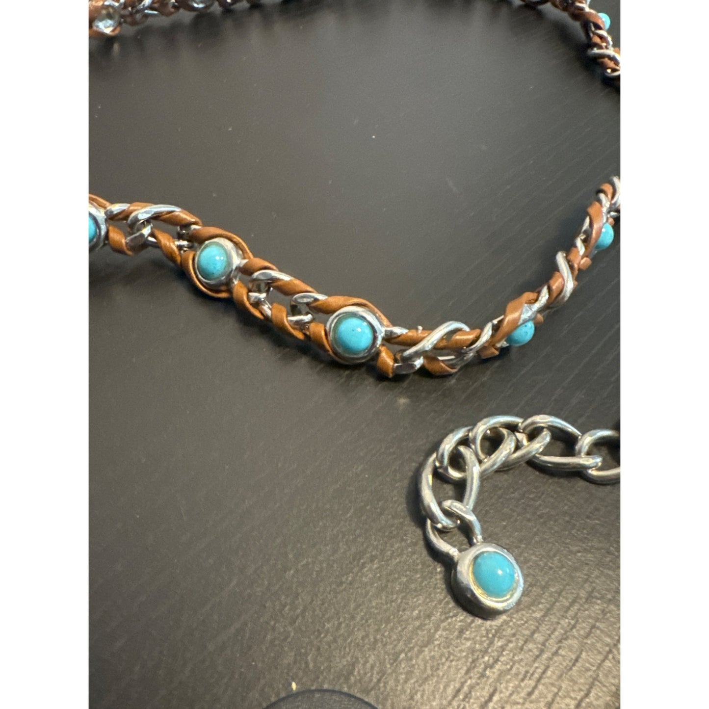 Vintage Silver & Brown Leather Belt With Turquoise Accents