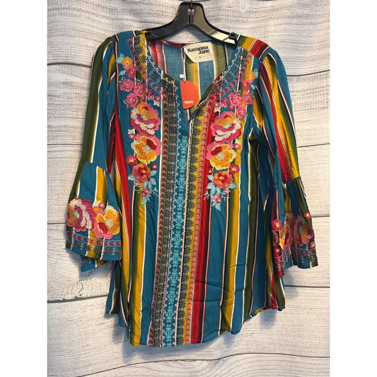 NWT Savanna Jane Boho Chic Bell Sleeve Stripe Embroidered Floral Top Size S