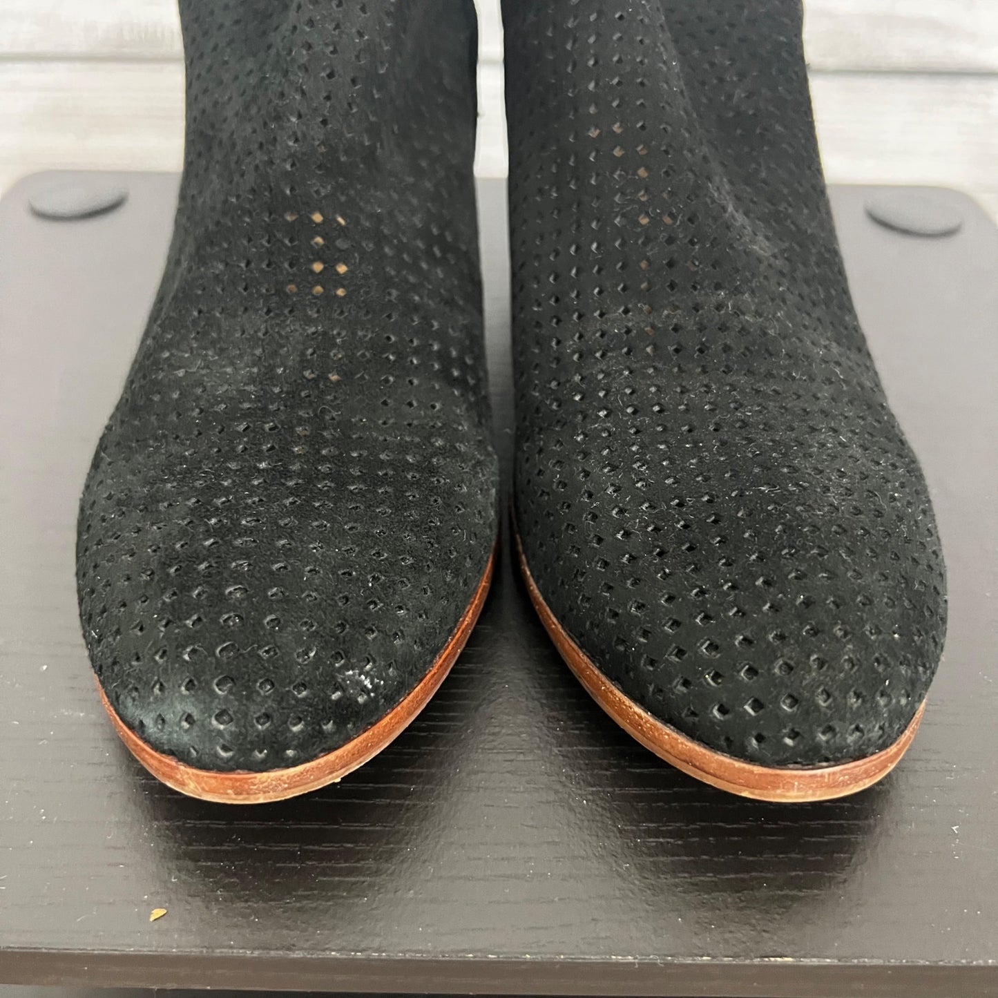 Sam EdelmanBlack Perforated Suede Ankle Boots With Buckle Straps, Size 6.5
