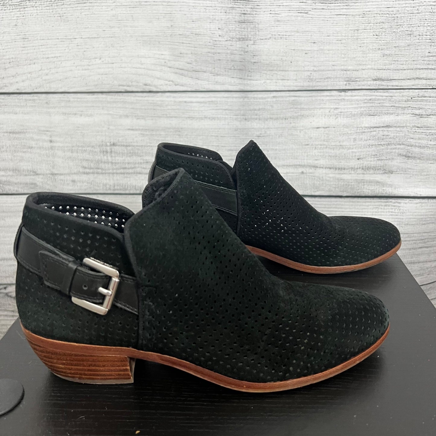 Sam EdelmanBlack Perforated Suede Ankle Boots With Buckle Straps, Size 6.5