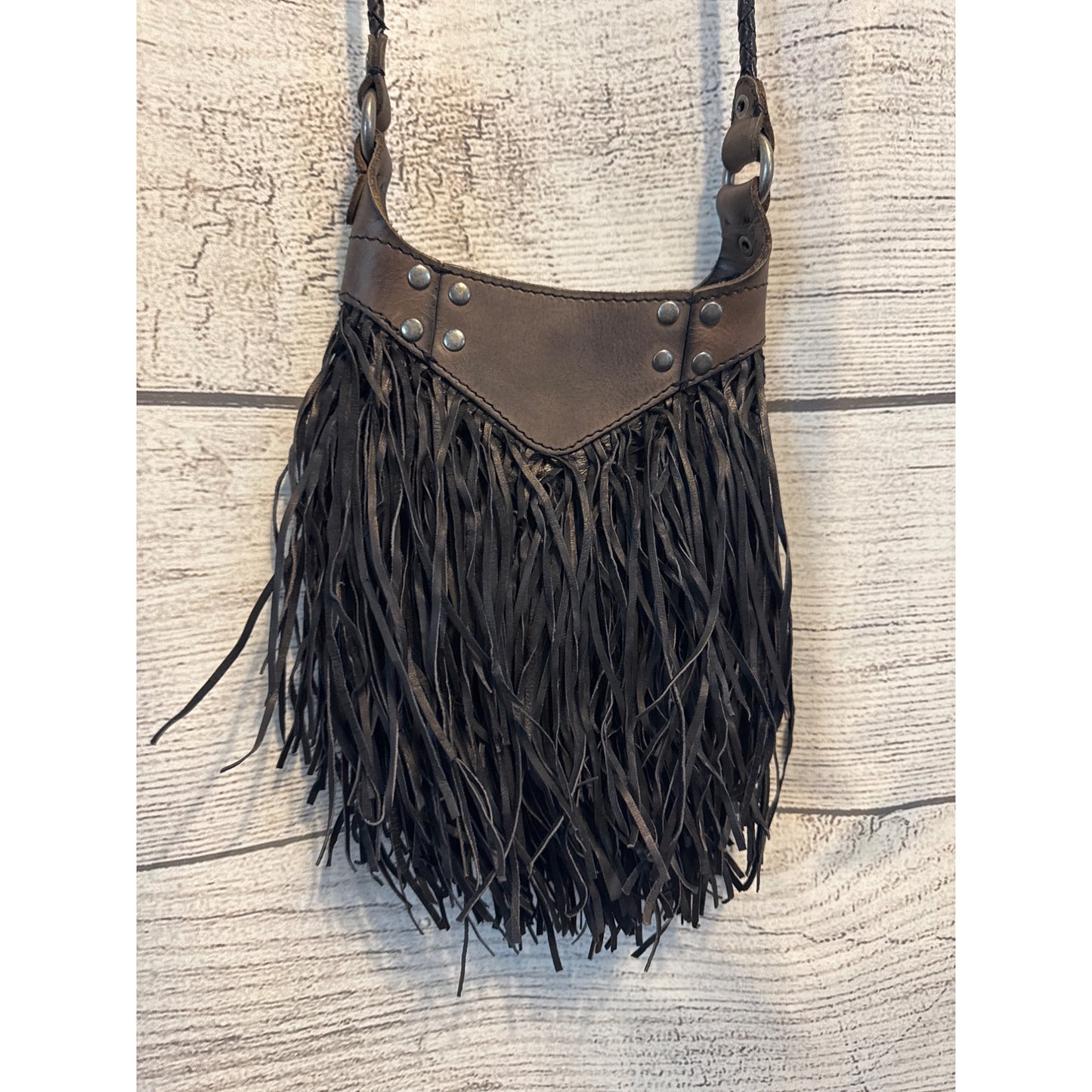 Tylie Malibu Leather Fringe Crossbody Bag With Studs