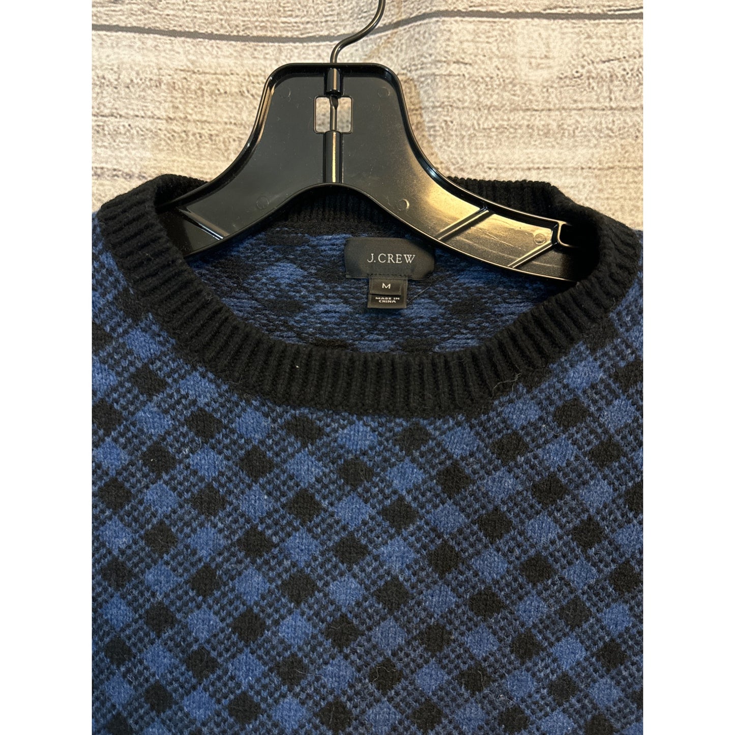 J. Crew Mens Lambs Wool Blue & Black Checkered Sweater Size M