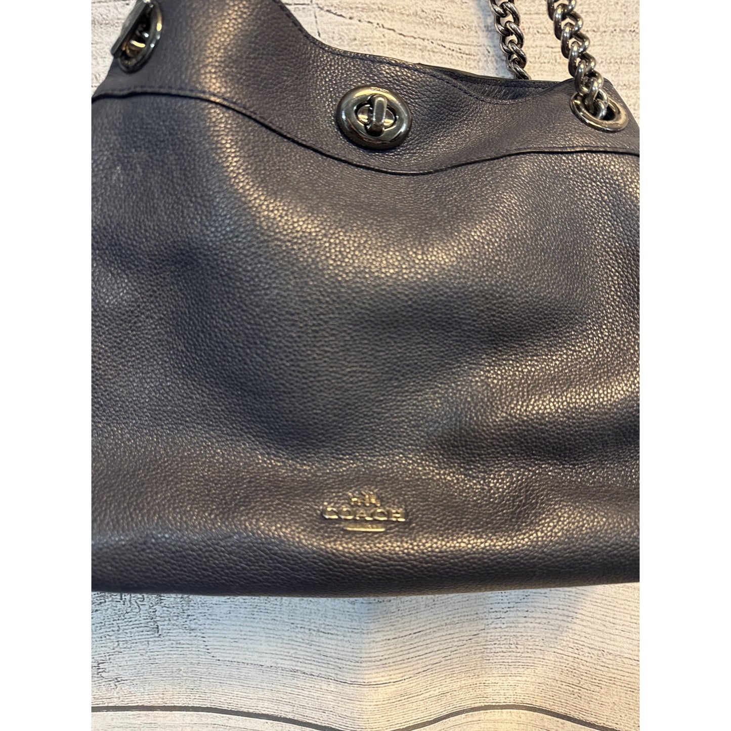 Coach Turnlock Edie Shoulder Bag Purse Dark blue pebbled Leather