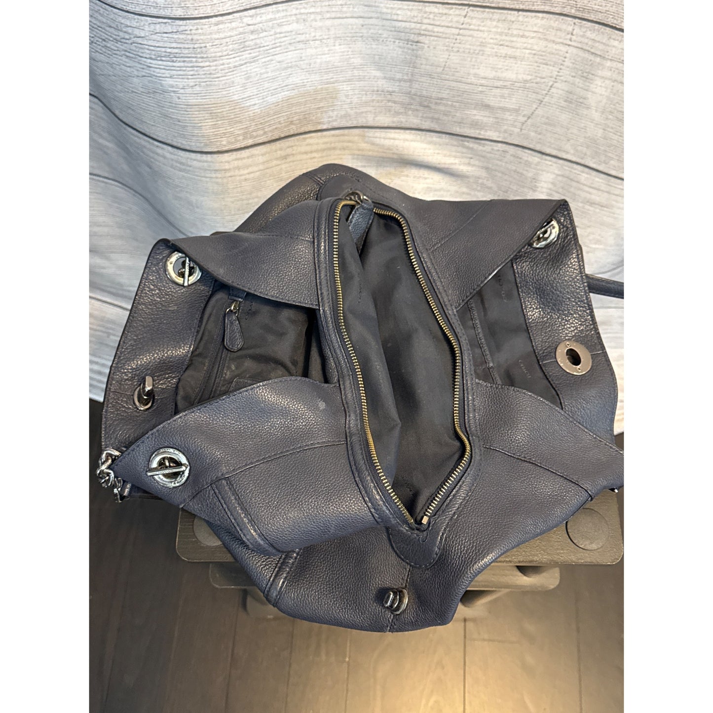 Coach Turnlock Edie Shoulder Bag Purse Dark blue pebbled Leather