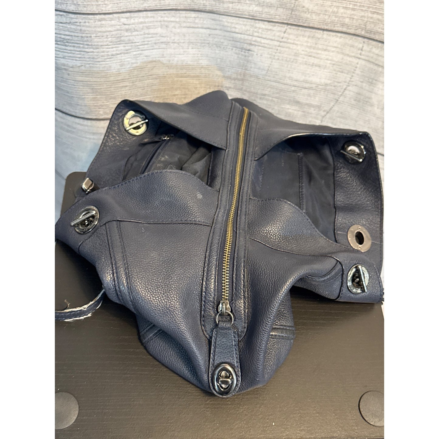 Coach Turnlock Edie Shoulder Bag Purse Dark blue pebbled Leather