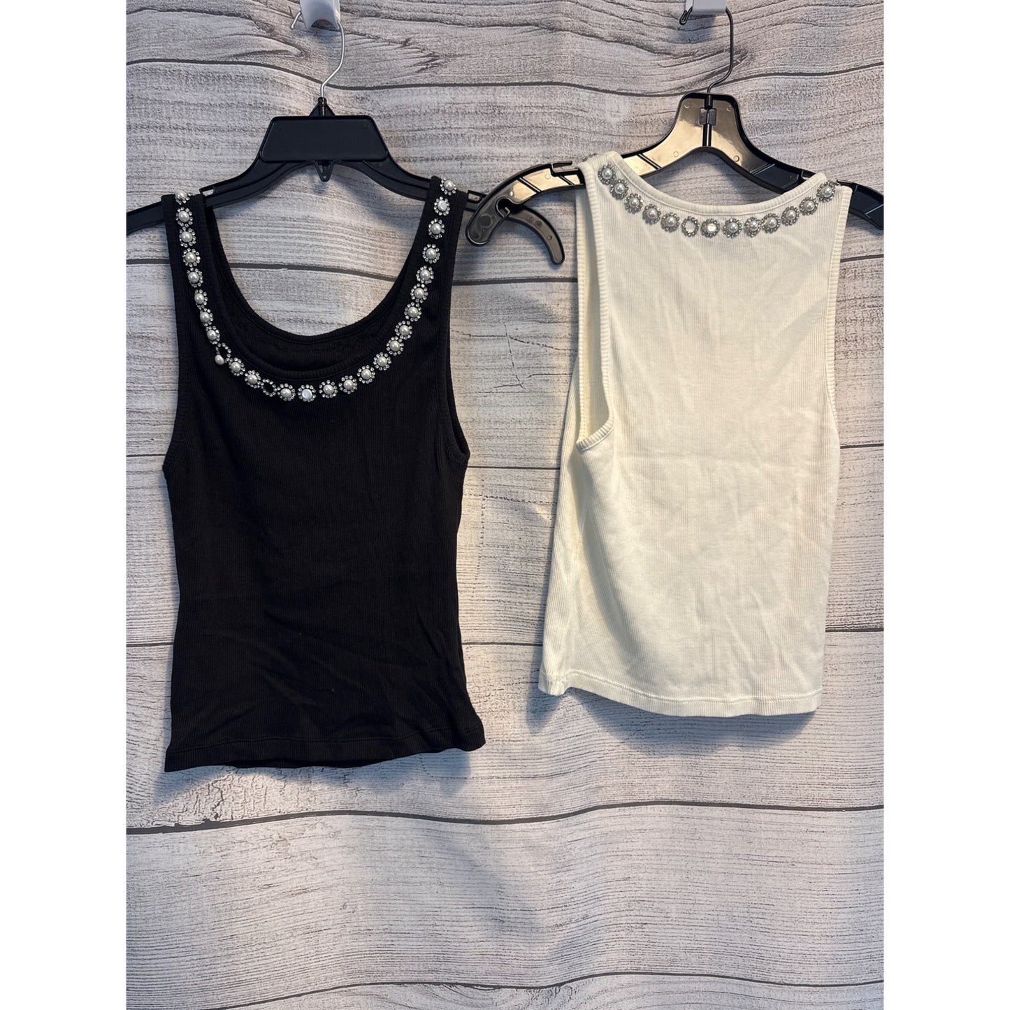 Alice + Olivia Kori Pearl Embellished Ribbed Tank Tops Size S