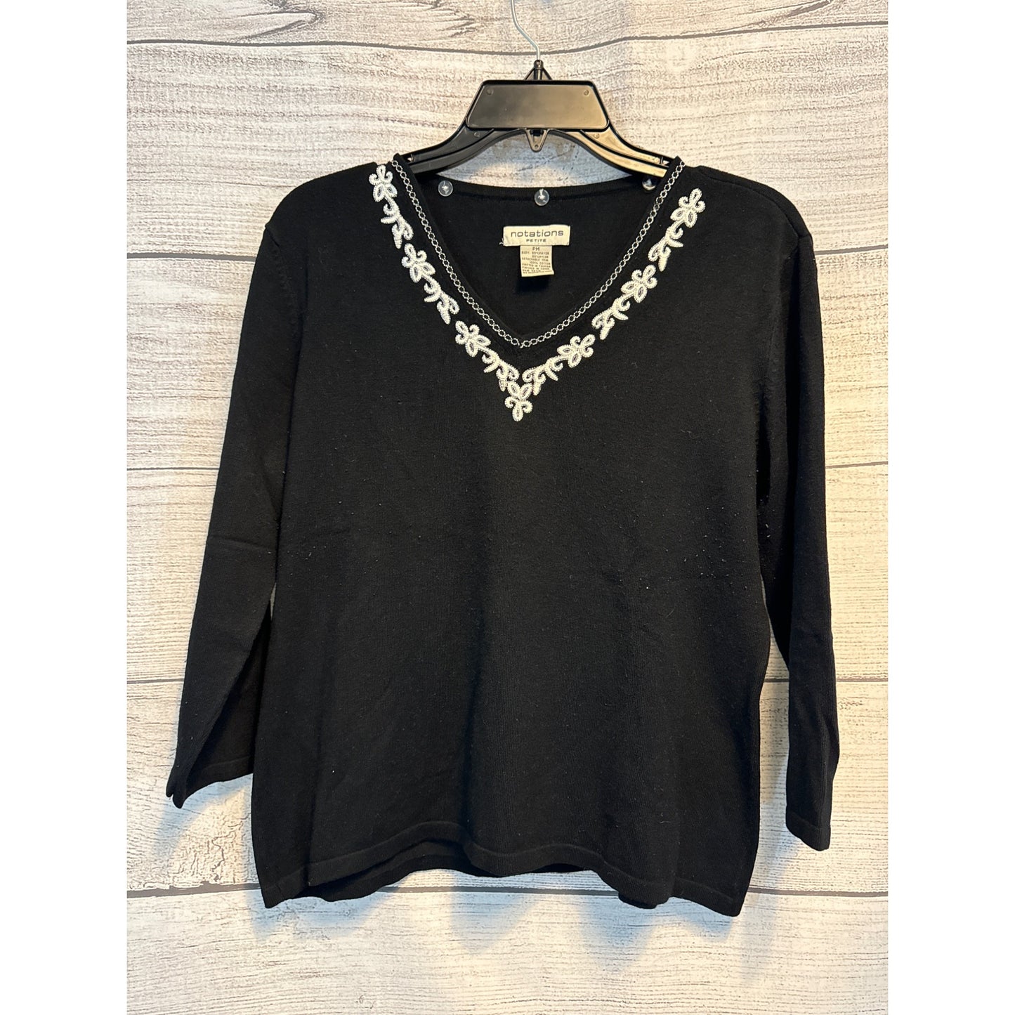Notations Embellished Black Sweater Top With Silver Trim 3/4 Sleeves Size PM
