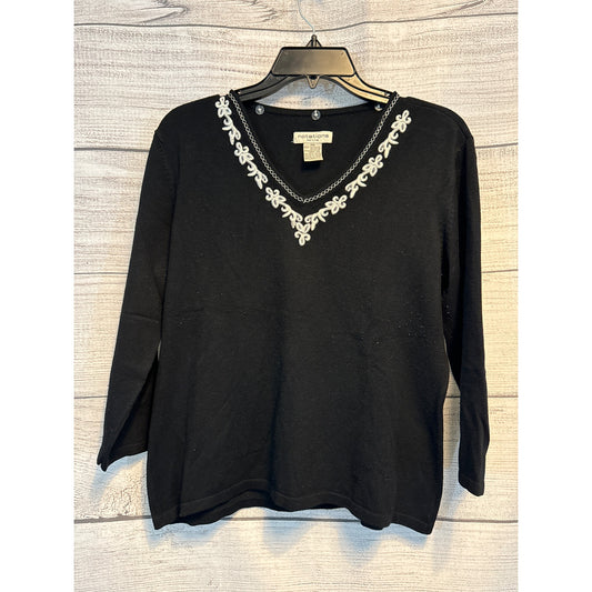 Notations Embellished Black Sweater Top With Silver Trim 3/4 Sleeves Size PM