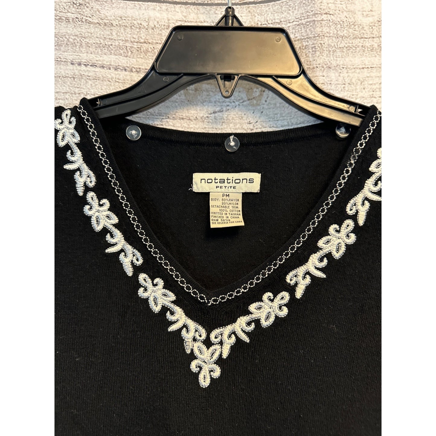 Notations Embellished Black Sweater Top With Silver Trim 3/4 Sleeves Size PM