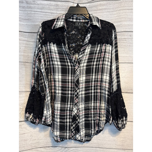 Atina Cristina Plaid Button-Up Shirt With Lace Detailing & 3/4 Sleeves Size M